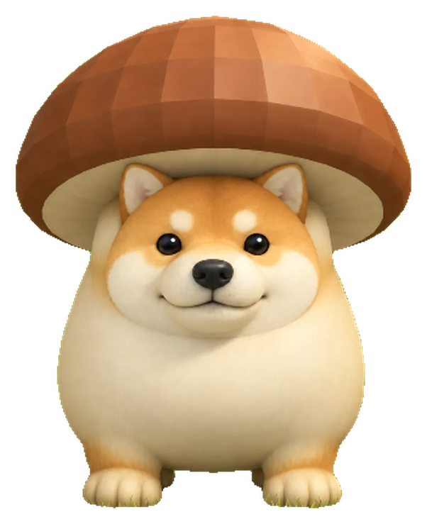 Mushroom iNU, a round Shiba Inu wearing a brown mushroom cap